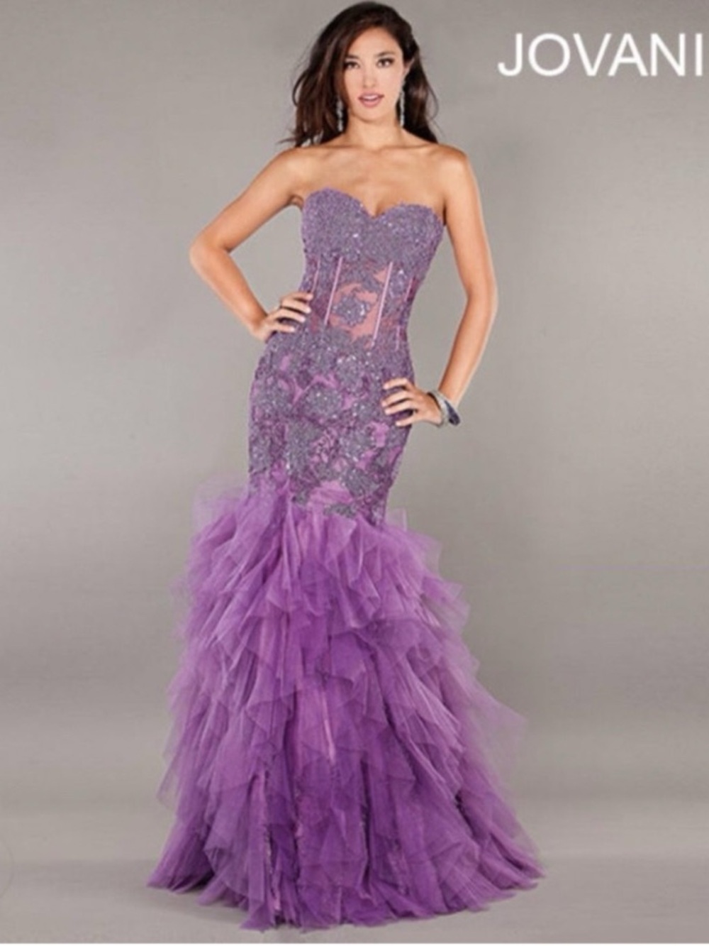 Jovani 1267 Purple Strapless Beaded Corset Mermaid Tulle Fairy Gown Sz 12 - Picture 2 of 16